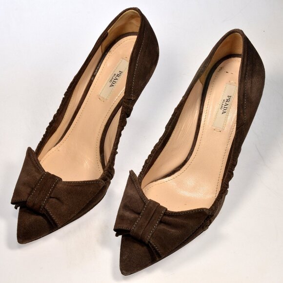Prada Brown Suede Bow Heel Shoes Size 36 W/ Box - Picture 6 of 10